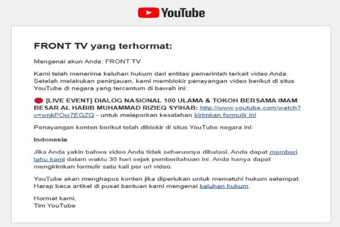 Pernyataan YouTube tentang pemblokiran video di channel Front TV FPI | IST