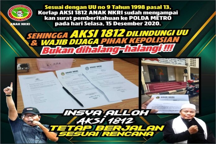 Pamflet yang menginformasikan aksi 1812 tetap akan berlangsung di depan Istana Negara, Jakarta, Jumat (18/12/2020) besok | IST
