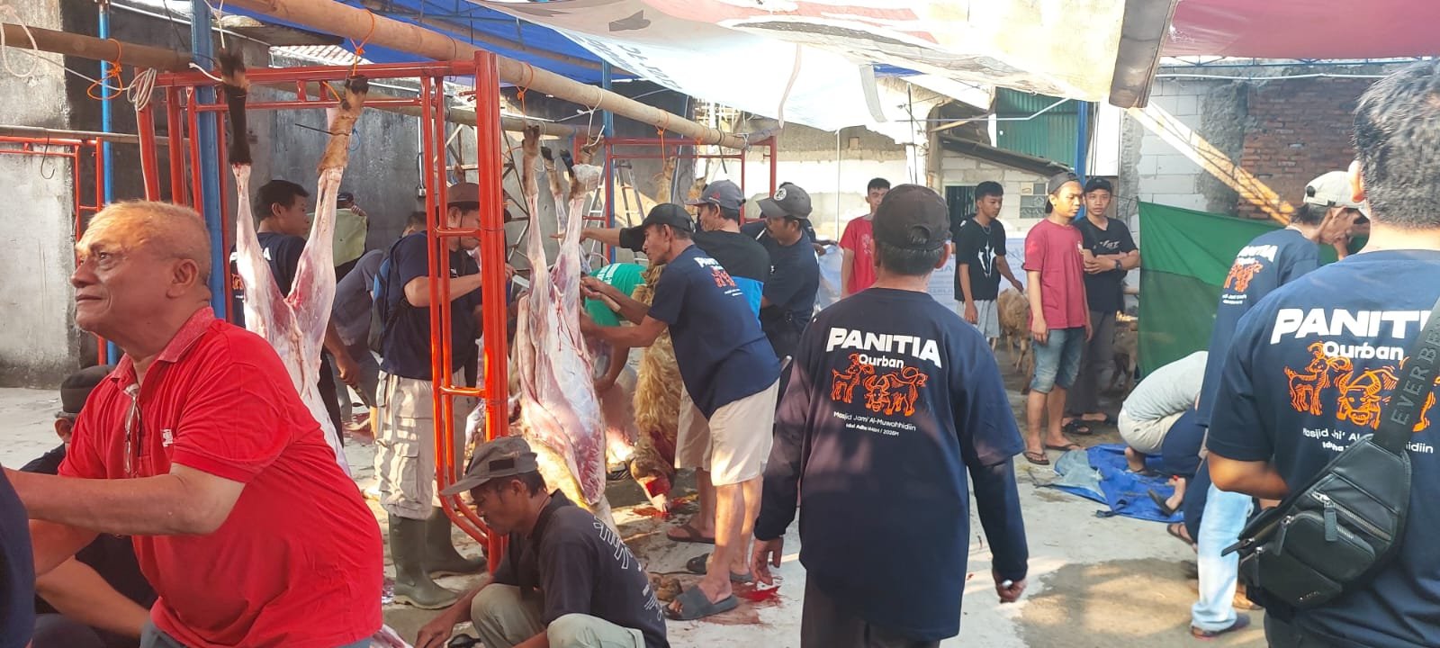 Suasana penuh kebersamaan saat proses penyembelihan hewan kurban di halaman Masjid Jami Al-Muwahhidiin, Sukamaju, Depok. Foto: Harnas.id