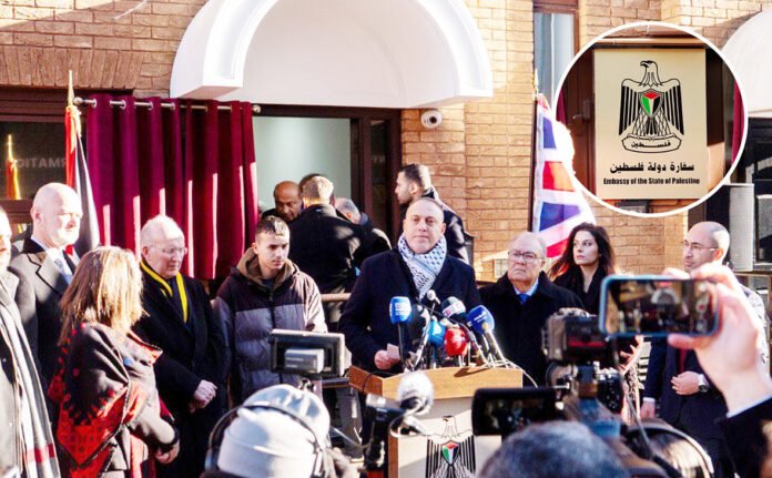 Tangkapan Layar Pembukaan Kedutaan Besar Palestina di London. Foto: Istimewa The Times