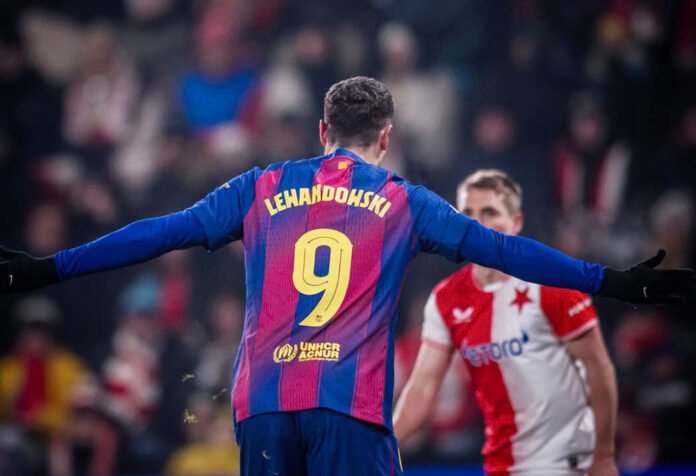 Selebrasi Robert Lewandowski dalam laga Liga Champions Barcelona vs Slavia Praha (Dok/IG FC Barcelona). Selebrasi Robert Lewandowski dalam laga Liga Champions Barcelona vs Slavia Praha (Dok/IG FC Barcelona).