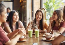 Gen Z Bogor Tinggalkan Alkohol, Coffee Shop Jadi Ruang Sosial Baru Anak Muda Ilustrasi anak muda Bogor nongkrong di coffee shop dengan kopi dan matcha. Image: Canva.