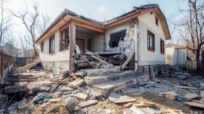 Ilustrasi rumah rusak akibat gempa bumi. Image: Canva.