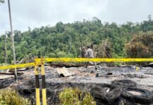 Dua Tewas Saat Pos Perusahaan di Nabire Diserang, Satgas Damai Cartenz Selidiki Pelaku Petugas melakukan olah TKP di lokasi penyerangan Pos PT Kristal Kilometer 38, Nabire. Foto: Polri