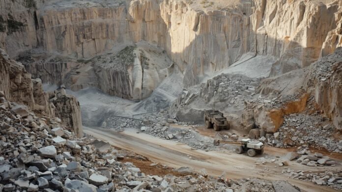 Ilustrasi area tambang batuan kapur dengan lahan terbuka pasca-eksploitasi. Foto: Canva AI Ilustrasi area tambang batuan kapur dengan lahan terbuka pasca-eksploitasi. Foto: Canva AI