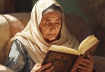 Nek Miming dan Al-Qur’an Besarnya Ilustrasi muslimah lanjut usia membaca mushaf besar. Image: Canva