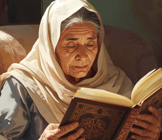 Nek Miming dan Al-Qur’an Besarnya Ilustrasi muslimah lanjut usia membaca mushaf besar. Image: Canva
