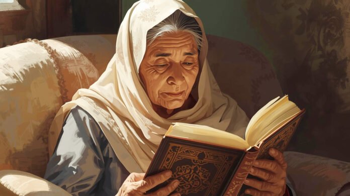 Ilustrasi muslimah lanjut usia membaca mushaf besar. Image: Canva Ilustrasi muslimah lanjut usia membaca mushaf besar. Image: Canva