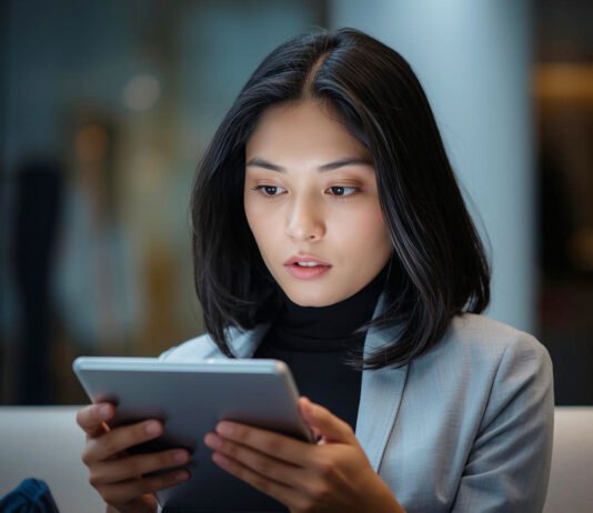 Global Fraud Index 2025: Indonesia Nomor Dua Dunia Paling Rentan Penipuan Digital Ilustrasi seorang perempuan menggunakan aplikasi digital melalui tablet pintar. Image: Ilustrasi Canva