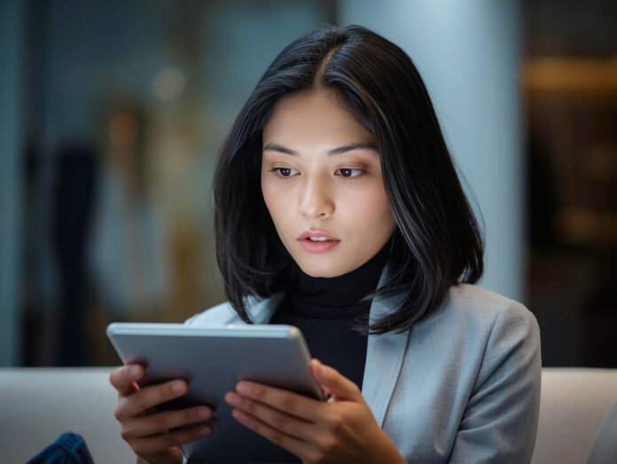 Ilustrasi seorang perempuan menggunakan aplikasi digital melalui tablet pintar. Image: Ilustrasi Canva Ilustrasi seorang perempuan menggunakan aplikasi digital melalui tablet pintar. Image: Ilustrasi Canva