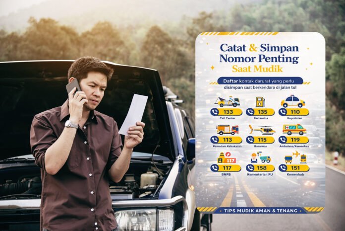 Infografis daftar nomor darurat untuk pemudik di jalan tol. Image: Freepik