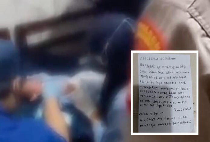 Petugas menangani bayi perempuan yang ditemukan di gerobak nasi uduk di kawasan Pejaten, Pasar Minggu, Jakarta Selatan. Foto: Dok. Warga