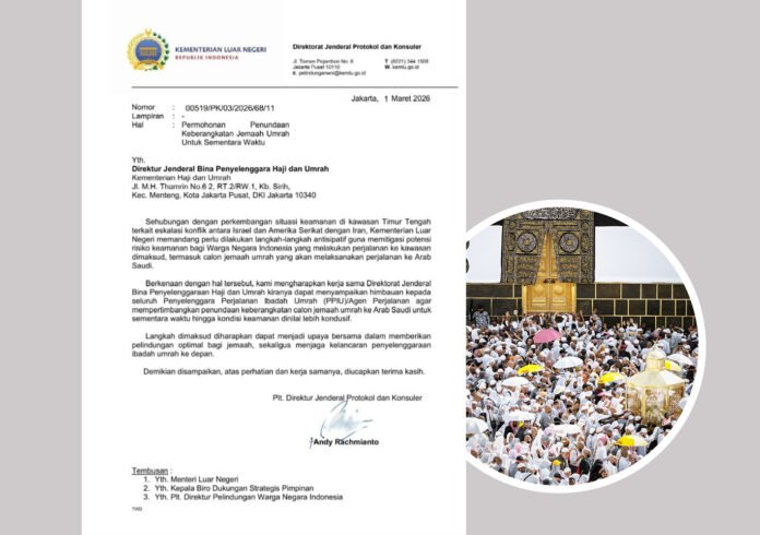 Surat resmi Kementerian Luar Negeri terkait imbauan penundaan keberangkatan umrah. Foto: Kementerian Luar Negeri