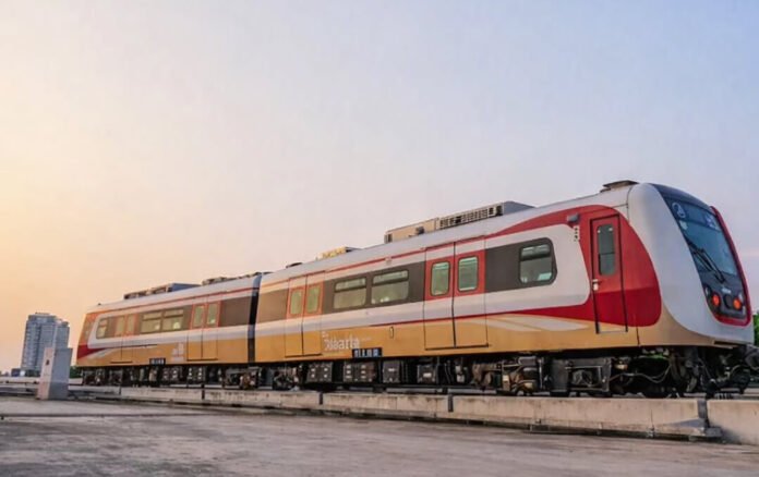 Kereta LRT Jakarta melintas di jalur layang yang terintegrasi dengan transportasi publik ibu kota. Foto: IG/garudainfrastructure Kereta LRT Jakarta melintas di jalur layang yang terintegrasi dengan transportasi publik ibu kota. Foto: IG/garudainfrastructure