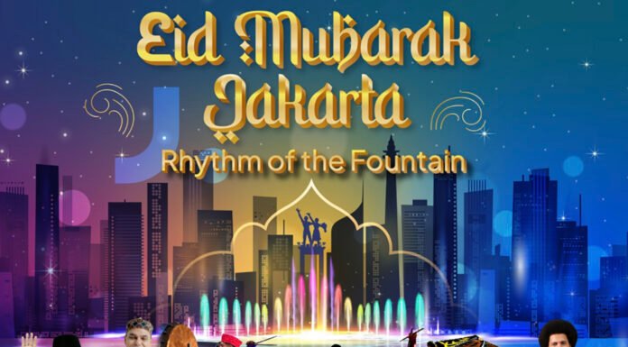 Bundaran HI Disulap Jadi Panggung Cahaya, “Rhythm of Fountain” Hidupkan Malam Jakarta Jelang Lebaran Pertunjukan cahaya dan air dalam acara Eid Mubarak Jakarta di Bundaran HI. Foto: IG Disparekraf DKI Jakarta