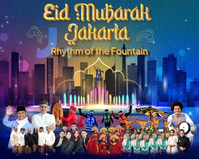 Pertunjukan cahaya dan air dalam acara Eid Mubarak Jakarta di Bundaran HI. Foto: IG Disparekraf DKI Jakarta