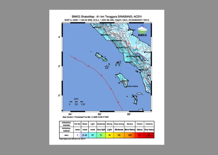 Gempa Bumi Magnitudo 6,4 mengguncang wilayah Provinsi Aceh dan Sumatera Utara, pada Selasa (3/3). Sumber Foto : Badan Meteorologi Klimatologi dan Geofisika (BMKG)