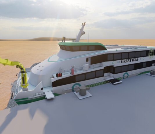 Tim Nawasena ITS Raih Juara 2 Kompetisi Desain Kapal Dunia Lewat Konsep Feri Ramah Lingkungan Desain kapal feri MV Great Idia karya Tim Nawasena ITS dalam kompetisi internasional WFSA. Foto: Humas ITS