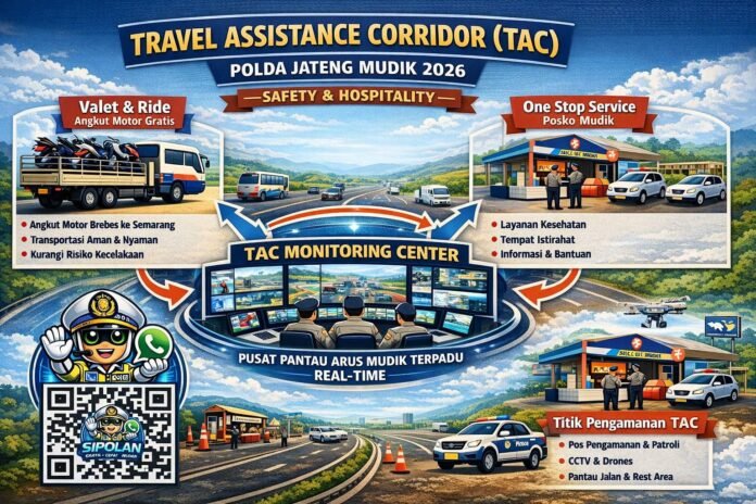 Ilustrasi sistem Travel Assistance Corridor (TAC) yang digunakan Polda Jawa Tengah untuk memantau arus lalu lintas dan pelayanan pemudik secara real-time saat mudik Lebaran 2026. Foto: Polri
