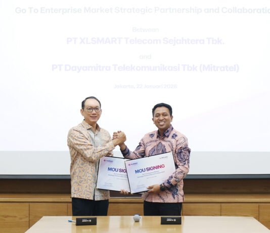XLSMART Gandeng Mitratel, Bidik Pasar Korporasi Lewat Solusi Digital Terintegrasi Direktur XLSMART Andrijanto Muljono dan Direktur Bisnis Mitratel Agus Winarno saat penandatanganan kerja sama strategis di Jakarta. Foto: dok. XLSMART
