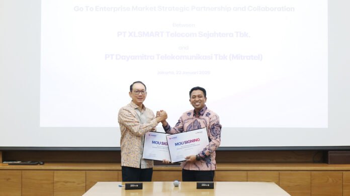 Direktur XLSMART Andrijanto Muljono dan Direktur Bisnis Mitratel Agus Winarno saat penandatanganan kerja sama strategis di Jakarta. Foto: dok. XLSMART