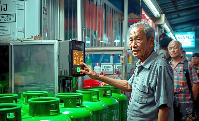 Ilustrasi verifikasi biometrik untuk pembelian LPG 3 kilogram di tingkat pengecer. Image: Canva AI Ilustrasi verifikasi biometrik untuk pembelian LPG 3 kilogram di tingkat pengecer. Image: Canva AI