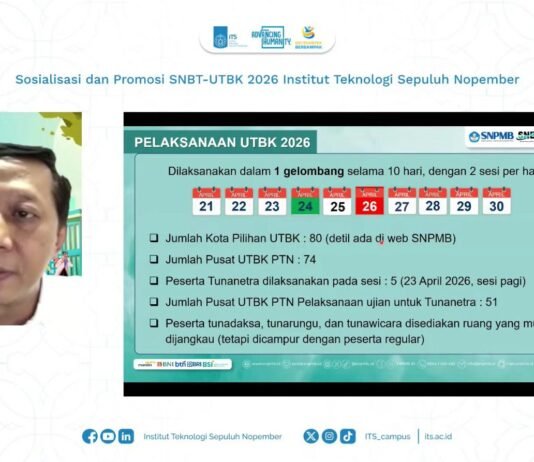 ITS Buka Jalur SNBT 2026, Kuota Naik dan Lokasi UTBK Kini Berbasis Kota Sekretaris Panitia SNPMB 2026 Bekti Cahyo Hidayanto SSi MKom memaparkan secara daring aturan pelaksanaan UTBK 2026 dalam Sosialisasi SNBT-UTBK ITS 2026. Foto: Humas ITS