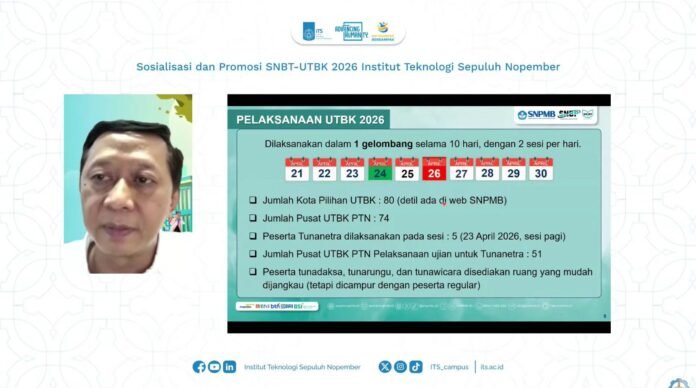 Sekretaris Panitia SNPMB 2026 Bekti Cahyo Hidayanto SSi MKom memaparkan secara daring aturan pelaksanaan UTBK 2026 dalam Sosialisasi SNBT-UTBK ITS 2026. Foto: Humas ITS