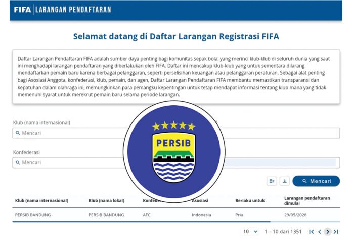 Tangkapan layar daftar FIFA Registration Ban List yang mencantumkan nama Persib Bandung. (Dok/FIFA) Tangkapan layar daftar FIFA Registration Ban List yang mencantumkan nama Persib Bandung. (Dok/FIFA)