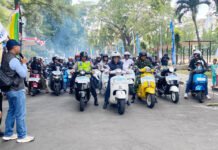 Semarak HUT ke-27 Depok, Wali Kota Riding Bareng Ratusan Komunitas Motor Wali Kota Depok Supian Suri bersama Kapolres Metro Depok dan Dandim 0508/Depok memimpin riding komunitas motor dalam rangka HUT ke-27 Kota Depok, Jumat (1/5/2026). Foto: Harnas.id