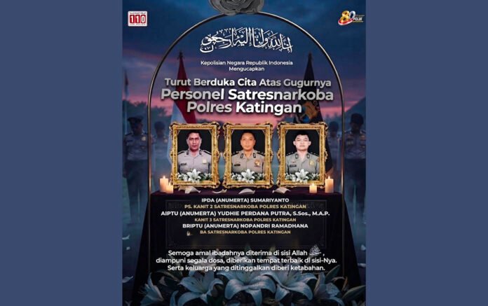 tiga personel Satresnarkoba Polres Katingan yang gugur saat menjalankan tugas (Dok. Polri) tiga personel Satresnarkoba Polres Katingan yang gugur saat menjalankan tugas (Dok. Polri)
