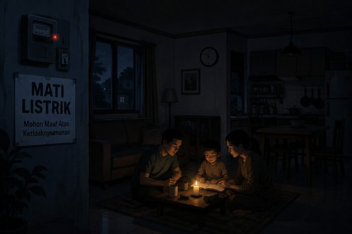 Ilustrasi kondisi pemadaman listrik di wilayah Jakarta dan Tangerang Selatan (Ilustrasi AI)
