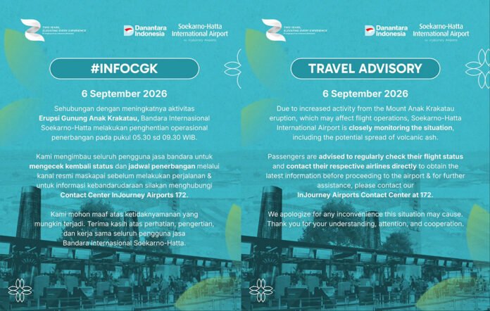 Bandara Soetta Ditutup hingga 09.30 WIB Imbas Abu Vulkanik Anak Krakatau. Foto: IG Soeta