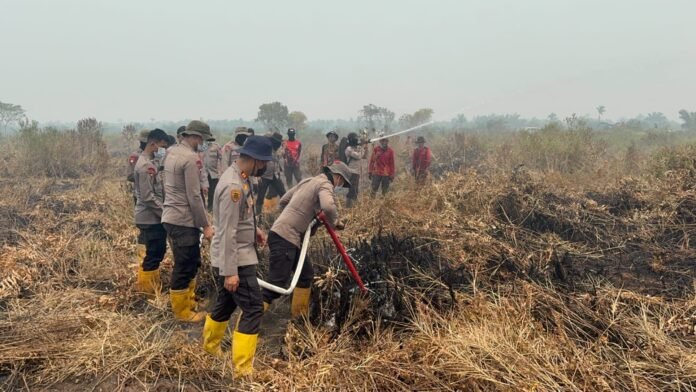 Personel Satbrimob Polda Jambi melakukan penanganan kebakaran hutan dan lahan menggunakan cairan X-Fire di kawasan Taman Nasional Berbak, Tanjung Jabung Timur, Senin (21/9/2026). Foto: Harnas.id