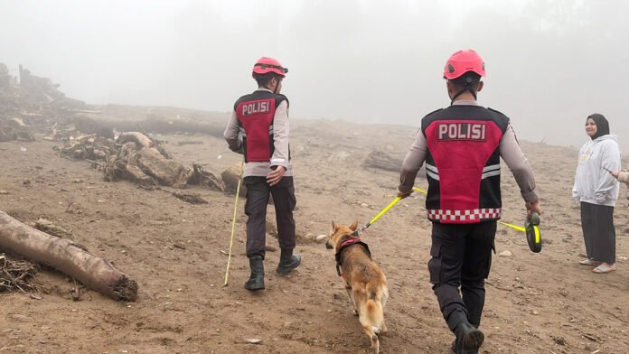 Personel Unit Polsatwa Polda Sumbar bersama K9 melakukan penyisiran di kawasan terdampak air bah di Solok. Foto: Polda Sumbar