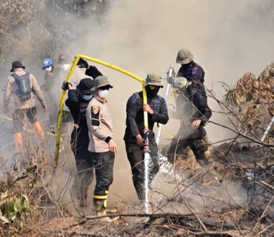 Polri Naikkan 92 Kasus Karhutla ke Penyidikan, Dugaan Keterlibatan Korporasi Didalami Petugas kepolisian melakukan penanganan kebakaran hutan dan lahan (karhutla) di lokasi kejadian sebagai upaya mencegah api meluas. Foto: Harnas.id